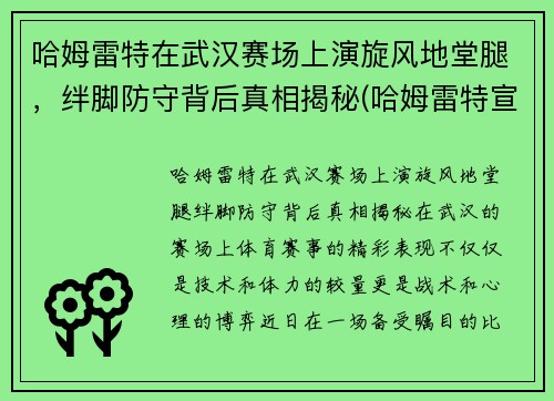 哈姆雷特在武汉赛场上演旋风地堂腿，绊脚防守背后真相揭秘(哈姆雷特宣传片)