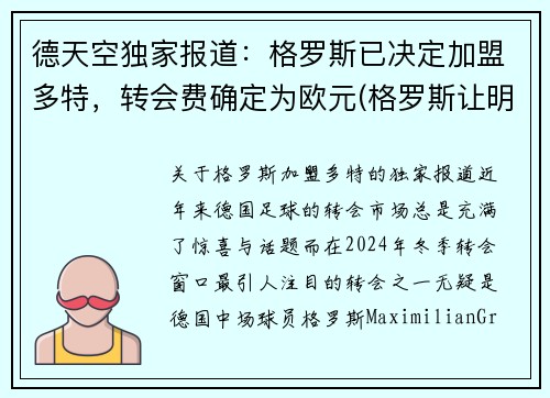德天空独家报道：格罗斯已决定加盟多特，转会费确定为欧元(格罗斯让明年)