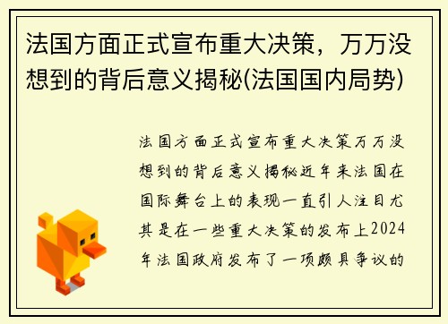 法国方面正式宣布重大决策，万万没想到的背后意义揭秘(法国国内局势)