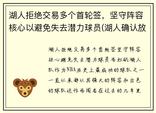 湖人拒绝交易多个首轮签，坚守阵容核心以避免失去潜力球员(湖人确认放弃本赛季)