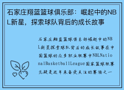 石家庄翔蓝篮球俱乐部：崛起中的NBL新星，探索球队背后的成长故事