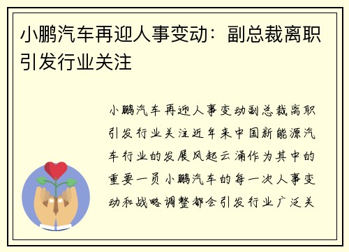 小鹏汽车再迎人事变动：副总裁离职引发行业关注