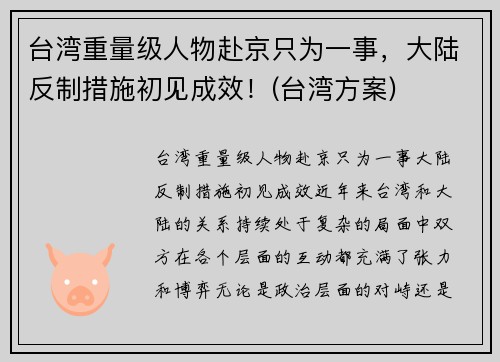 台湾重量级人物赴京只为一事,大陆反制措施初见成效!(台湾方案)