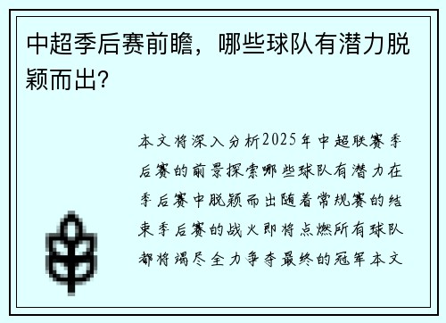 中超季后赛前瞻，哪些球队有潜力脱颖而出？
